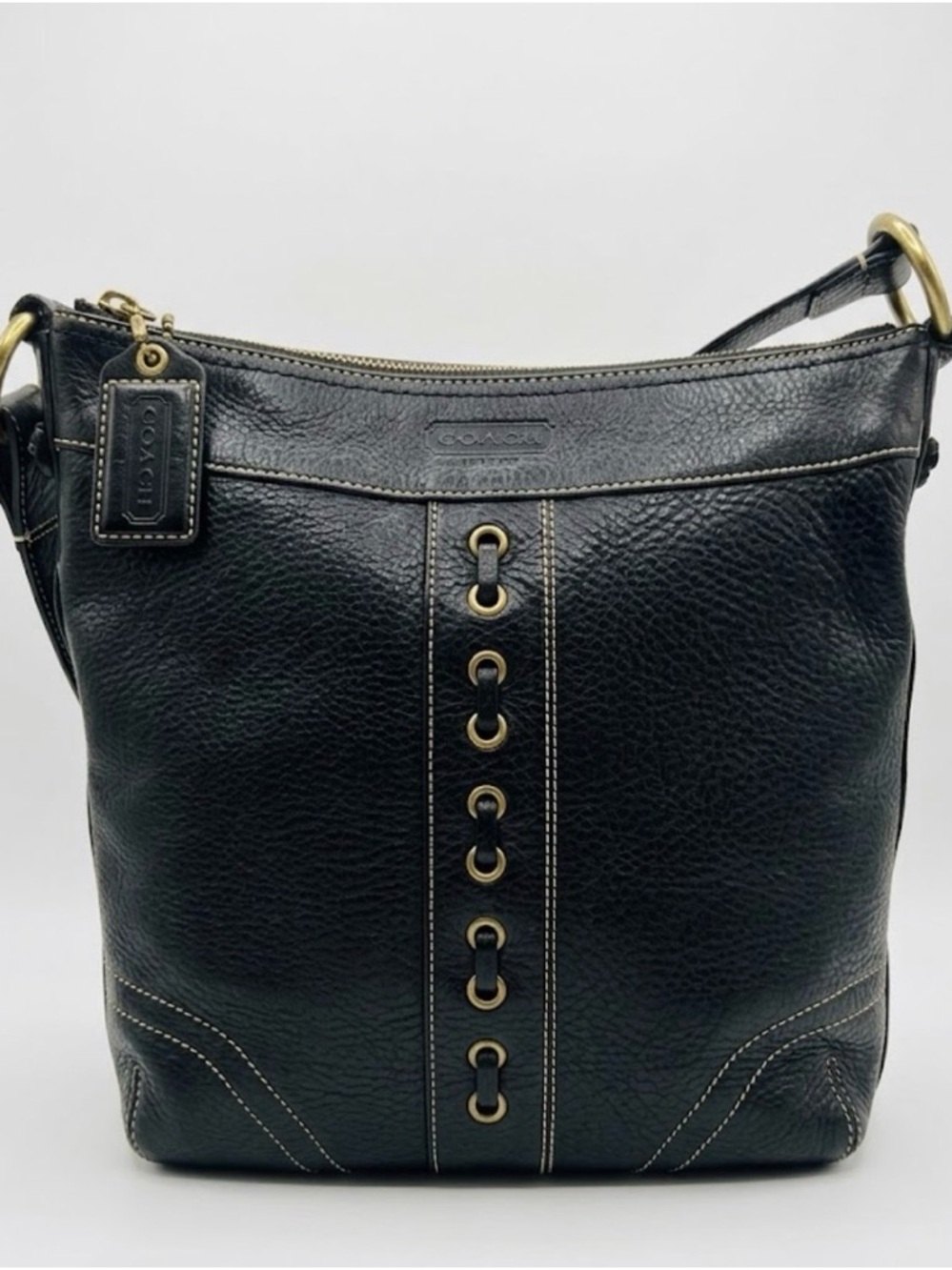 COACH Vintage Chelsea Black Pebbled Leather Laced Duffle Hobo Bag 10399